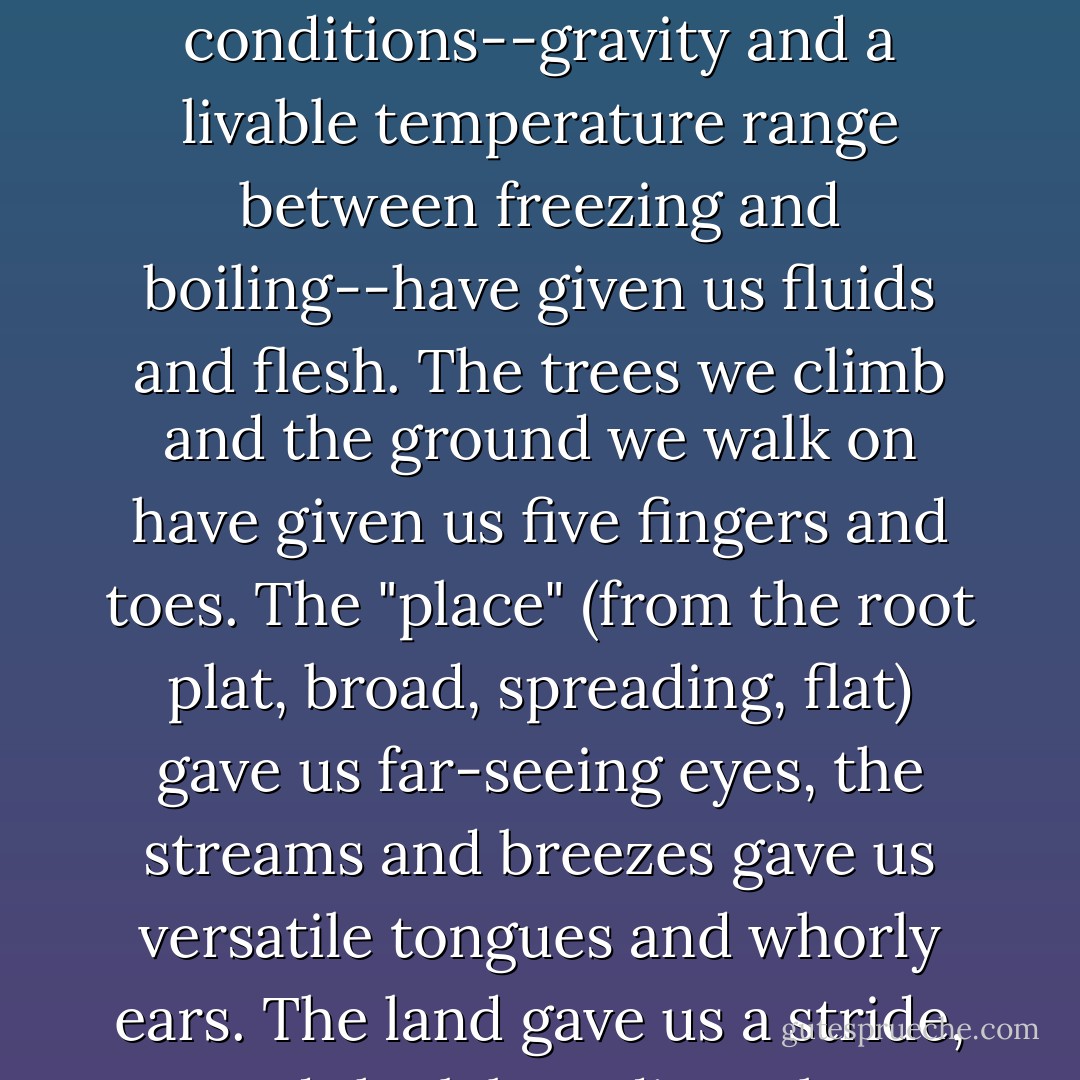 I have a friend who feels sometimes that the world is hostile to human life--he says it chills us and kills us. But how could we be were it not for this planet that provided our very shape? Two conditions--gravity and a livable temperature range between freezing and boiling--have given us fluids and flesh. The trees we climb and the ground we walk on have given us five fingers and toes. The "place" (from the root plat, broad, spreading, flat) gave us far-seeing eyes, the streams and breezes gave us versatile tongues and whorly ears. The land gave us a stride, and the lake a dive. The amazement gave us our kind of mind. We should be thankful for that, and take nature's stricter lessons with some grace. - Gary Snyder