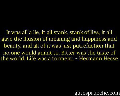 It was all a lie, it all stank, stank of lies, it all gave the illusion of meaning and happiness and beauty, and all of it was just putrefaction that no one would admit to. Bitter was the taste of the world. Life was a torment. - Hermann Hesse