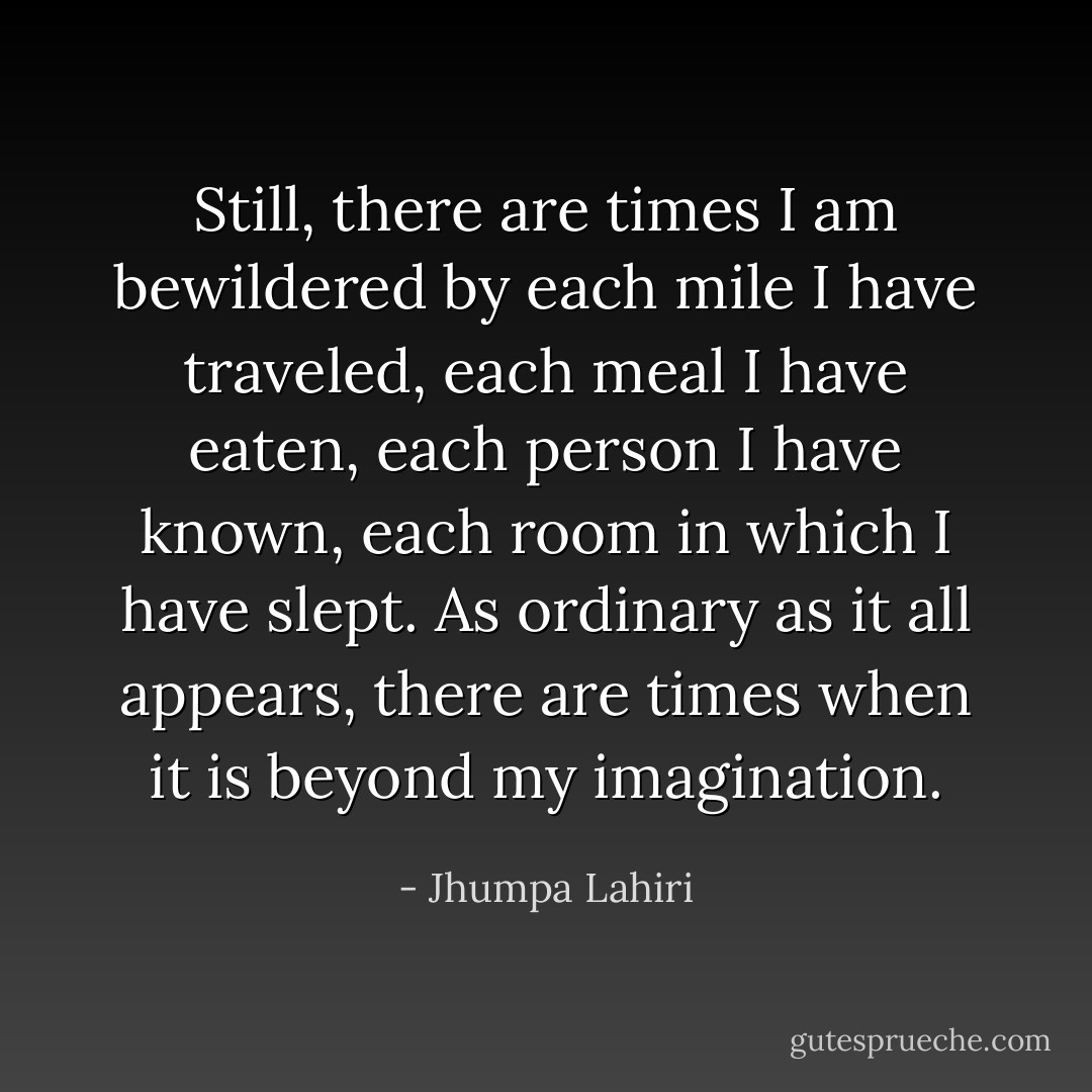 Still, there are times I am bewildered by each mile I have traveled, each meal I have eaten, each person I have known, each room in which I have slept. As ordinary as it all appears, there are times when it is beyond my imagination. - Jhumpa Lahiri