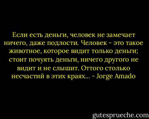 Если есть деньги, человек не замечает ничего, даже подлости. Человек - это такое животное, которое видит только деньги; стоит почуять деньги, ничего другого не видит и не слышит. Оттого столько несчастий в этих краях... - Jorge Amado