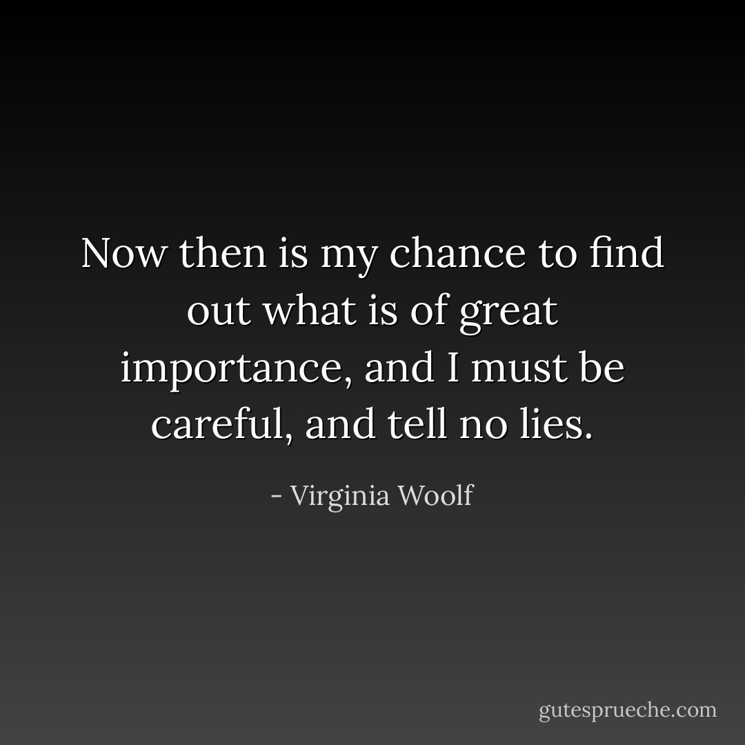 Now then is my chance to find out what is of great importance, and I<br />must be careful, and tell no lies. - Virginia Woolf