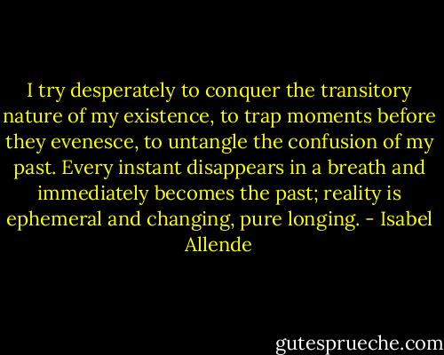 I try desperately to conquer the transitory nature of my existence, to trap moments before they evenesce, to untangle the confusion of my past. Every instant disappears in a breath and immediately becomes the past; reality is ephemeral and changing, pure longing. - Isabel Allende