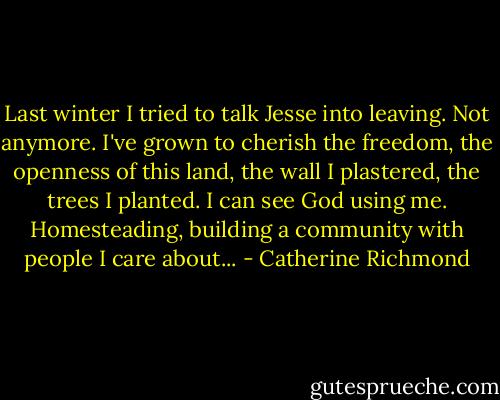 Last winter I tried to talk Jesse into leaving. Not anymore. I've grown to cherish the freedom, the openness of this land, the wall I plastered, the trees I planted. I can see God using me. Homesteading, building a community with people I care about... - Catherine Richmond