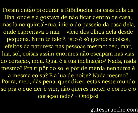 Foram então procurar a KiBebucha, na casa dela da Ilha, onde ela gostava de não ficar dentro de casa, mas lá no quintal-rua, início do passeio da casa dela, onde espreitava o mar – vício dos olhos dela desde pequena. Num te falei?, isto é só grandes coisas, efeitos da natureza nas pessoas mesmo: céu, mar, lua, sol, coisas assim enormes não escapam nas vias do coração, meu. Qual é a tua inclinação? Nada, nada mesmo? Pra ti pôr do sol e pôr de merda nenhuma é a mesma coisa? E a lua de noite? Nada mesmo? Porra, meu, dás pena, quer dizer, estás neste mundo só pra o que der e vier, não queres meter o corpo e o coração nele? - Ondjaki