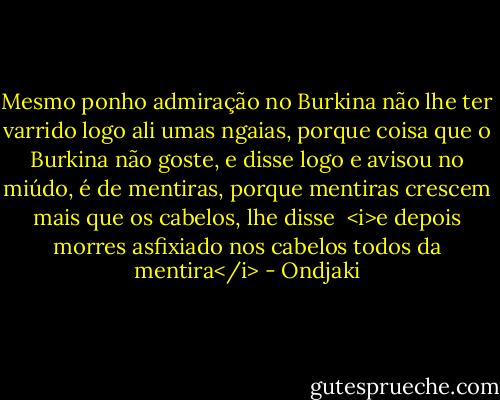 Mesmo ponho admiração no Burkina não lhe ter varrido logo ali umas ngaias, porque coisa que o Burkina não goste, e disse logo e avisou no miúdo, é de mentiras, porque mentiras crescem mais que os cabelos, lhe disse<br /><br /><i>e depois morres asfixiado nos cabelos todos da mentira</i> - Ondjaki