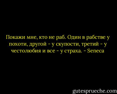 Покажи мне, кто не раб. Один в рабстве у похоти, другой - у скупости, третий - у честолюбия и все - у страха. - Seneca