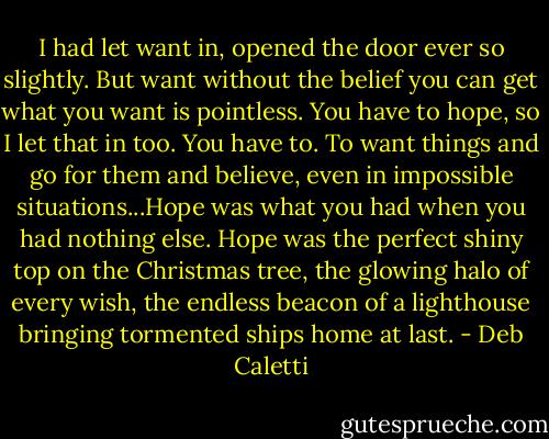 I had let want in, opened the door ever so slightly. But want without the belief you can get what you want is pointless. You have to hope, so I let that in too. You have to. To want things and go for them and believe, even in impossible situations...Hope was what you had when you had nothing else. Hope was the perfect shiny top on the Christmas tree, the glowing halo of every wish, the endless beacon of a lighthouse bringing tormented ships home at last. - Deb Caletti