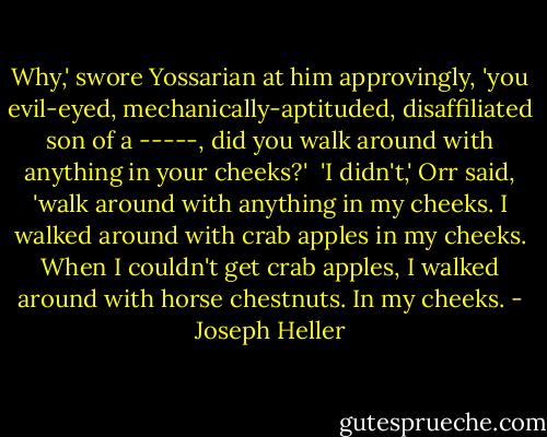 Why,' swore Yossarian at him approvingly, 'you evil-eyed, mechanically-aptituded, disaffiliated son of a -----, did you walk around with anything in your cheeks?'<br /><br />'I didn't,' Orr said, 'walk around with anything in my cheeks. I walked around with crab apples in my cheeks. When I couldn't get crab apples, I walked around with horse chestnuts. In my cheeks. - Joseph Heller