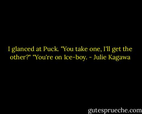 I glanced at Puck. "You take one, I'll get the other?"<br />"You're on Ice-boy. - Julie Kagawa