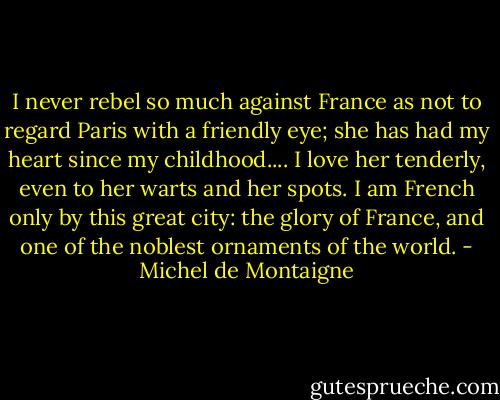 I never rebel so much against France as not to regard Paris with a friendly eye; she has had my heart since my childhood.... I love her tenderly, even to her warts and her spots. I am French only by this great city: the glory of France, and one of the noblest ornaments of the world. - Michel de Montaigne