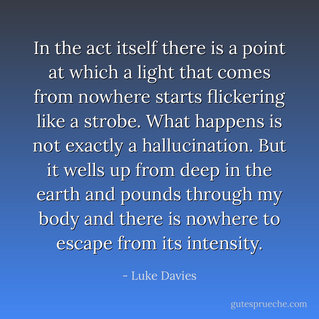 In the act itself there is a point at which a light that comes from nowhere starts flickering like a strobe. What happens is not exactly a hallucination. But it wells up from deep in the earth and pounds through my body and there is nowhere to escape from its intensity. - Luke Davies