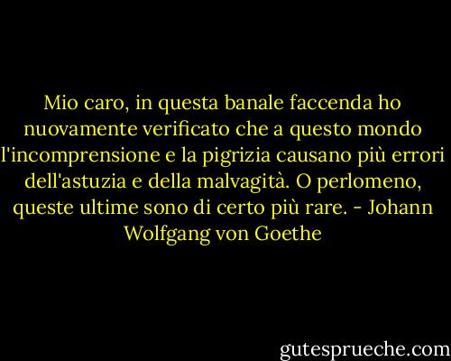 Mio caro, in questa banale faccenda ho nuovamente verificato che a questo mondo l'incomprensione e la pigrizia causano più errori dell'astuzia e della malvagità. O perlomeno, queste ultime sono di certo più rare. - Johann Wolfgang von Goethe