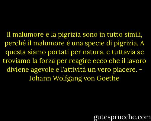 Il malumore e la pigrizia sono in tutto simili, perché il malumore è una specie di pigrizia. A questa siamo portati per natura, e tuttavia se troviamo la forza per reagire ecco che il lavoro diviene agevole e l'attività un vero piacere. - Johann Wolfgang von Goethe