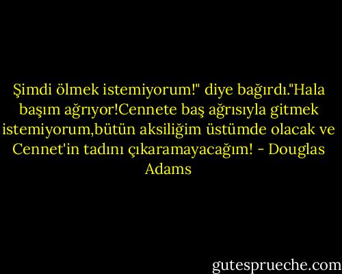 Şimdi ölmek istemiyorum!" diye bağırdı."Hala başım ağrıyor!Cennete baş ağrısıyla gitmek istemiyorum,bütün aksiliğim üstümde olacak ve Cennet'in tadını çıkaramayacağım! - Douglas Adams