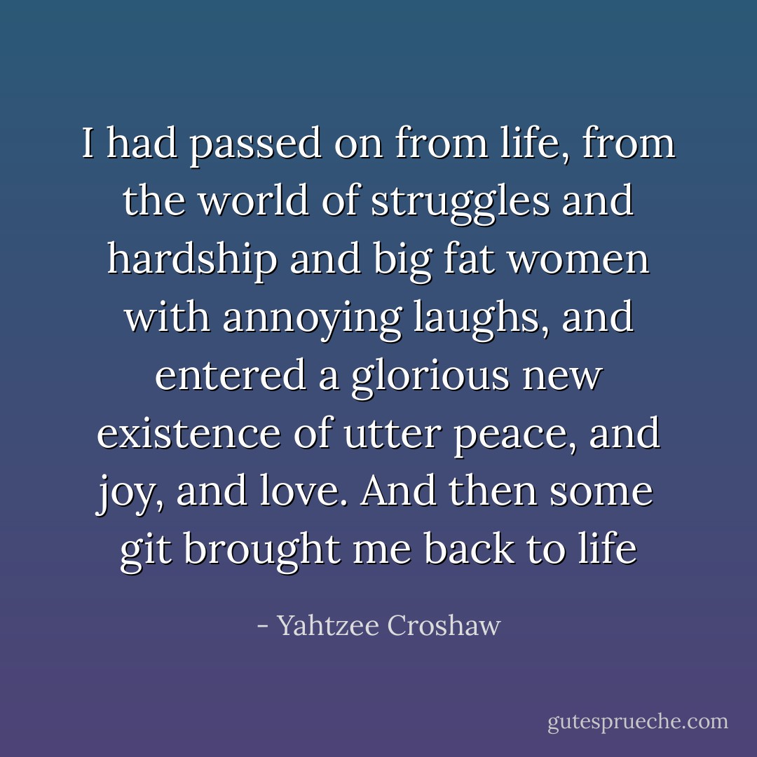 I had passed on from life, from the world of struggles and hardship and big fat women with annoying laughs, and entered a glorious new existence of utter peace, and joy, and love.<br />And then some git brought me back to life - Yahtzee Croshaw