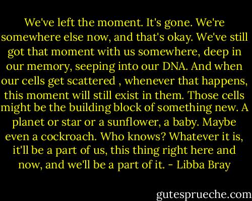 We've left the moment. It's gone. We're somewhere else now, and that's okay. We've still got that moment with us somewhere, deep in our memory, seeping into our DNA. And when our cells get scattered , whenever that happens, this moment will still exist in them. Those cells might be the building block of something new. A planet or star or a sunflower, a baby. Maybe even a cockroach. Who knows? Whatever it is, it'll be a part of us, this thing right here and now, and we'll be a part of it. - Libba Bray