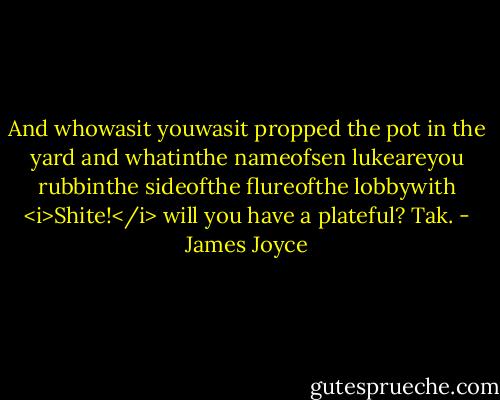 And whowasit youwasit propped the pot in the yard and whatinthe nameofsen lukeareyou rubbinthe sideofthe flureofthe lobbywith <i>Shite!</i> will you have a plateful? Tak. - James Joyce