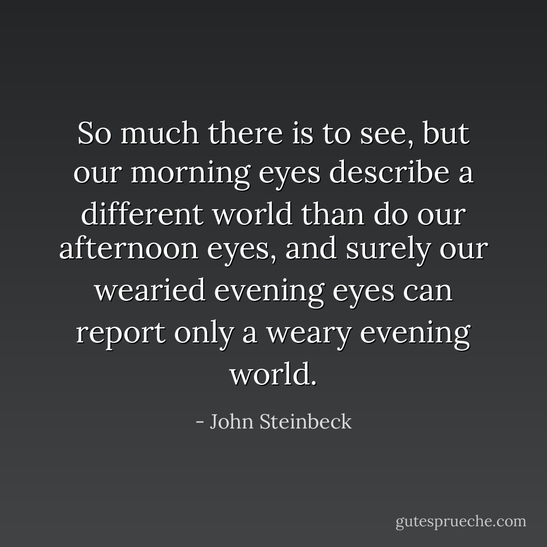 So much there is to see, but our morning eyes describe a different world than do our afternoon eyes, and surely our wearied evening eyes can report only a weary evening world. - John Steinbeck