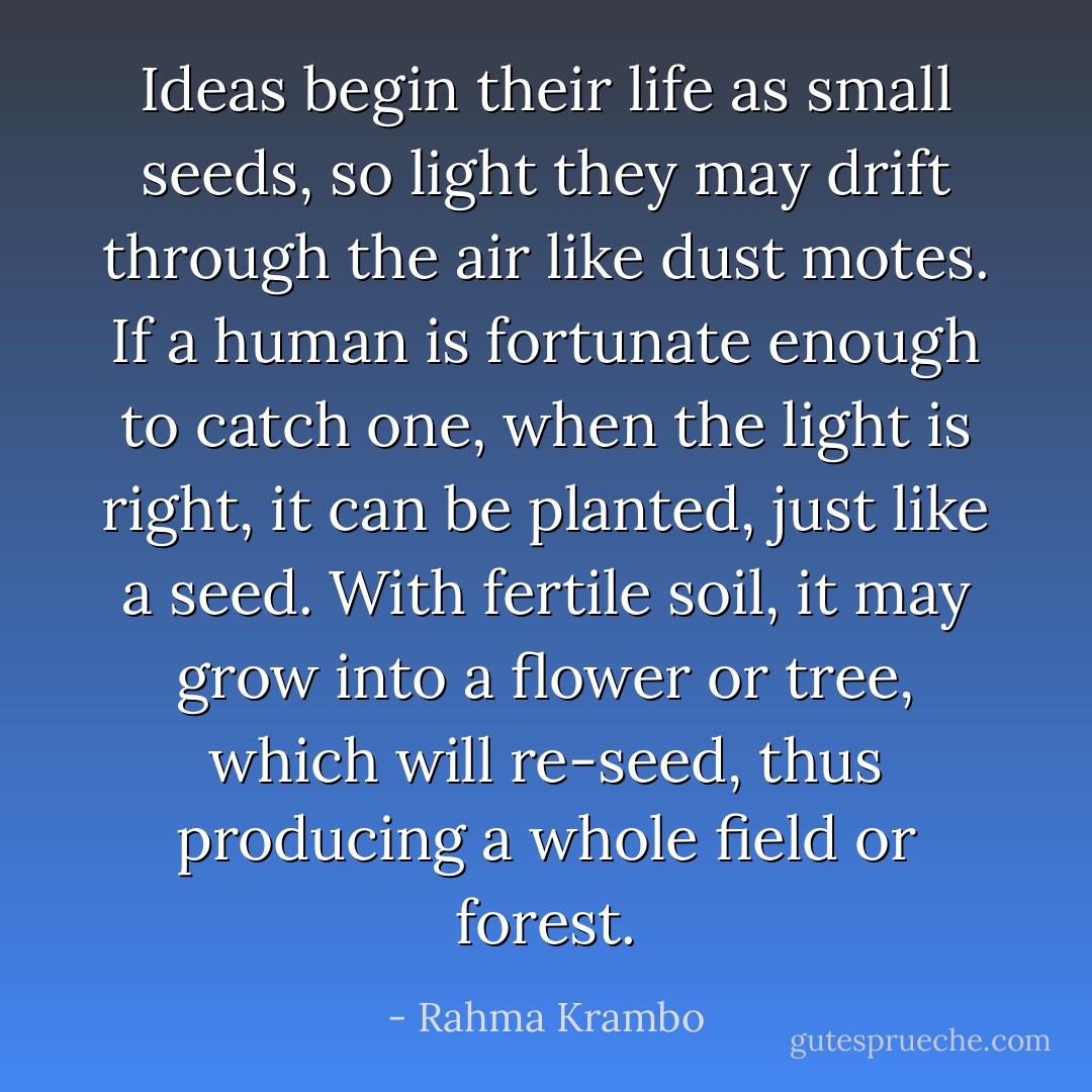 Ideas begin their life as small seeds, so light they may drift through the air like dust motes. If a human is fortunate enough to catch one, when the light is right, it can be planted, just like a seed. With fertile soil, it may grow into a flower or tree, which will re-seed, thus producing a whole field or forest. - Rahma Krambo