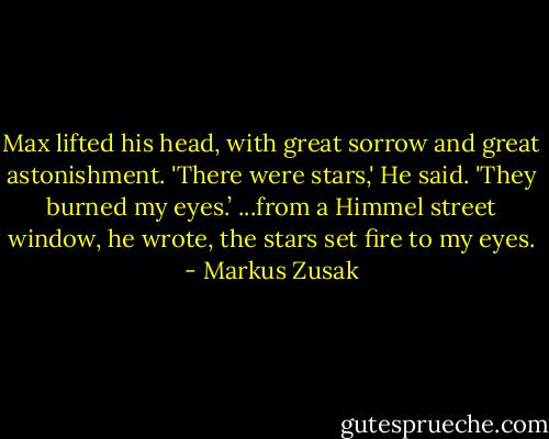 Max lifted his head, with great sorrow and great astonishment.<br />'There were stars,' He said. 'They burned my eyes.’<br />...from a Himmel street window, he wrote, the stars set fire to my eyes. - Markus Zusak