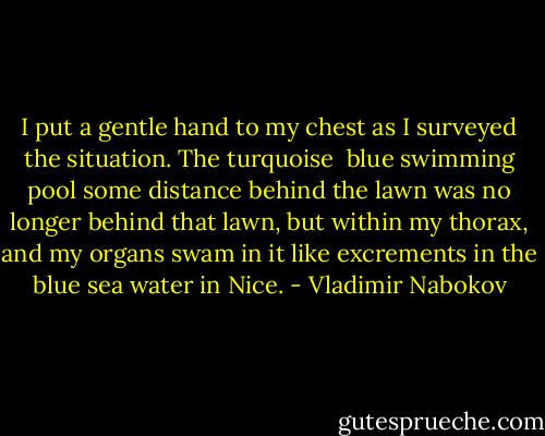 I put a gentle hand to my chest as I surveyed the situation. The turquoise <br />blue swimming pool some distance behind the lawn was no longer behind that lawn, but within my thorax, and my organs swam in it like excrements in the blue sea water in Nice. - Vladimir Nabokov