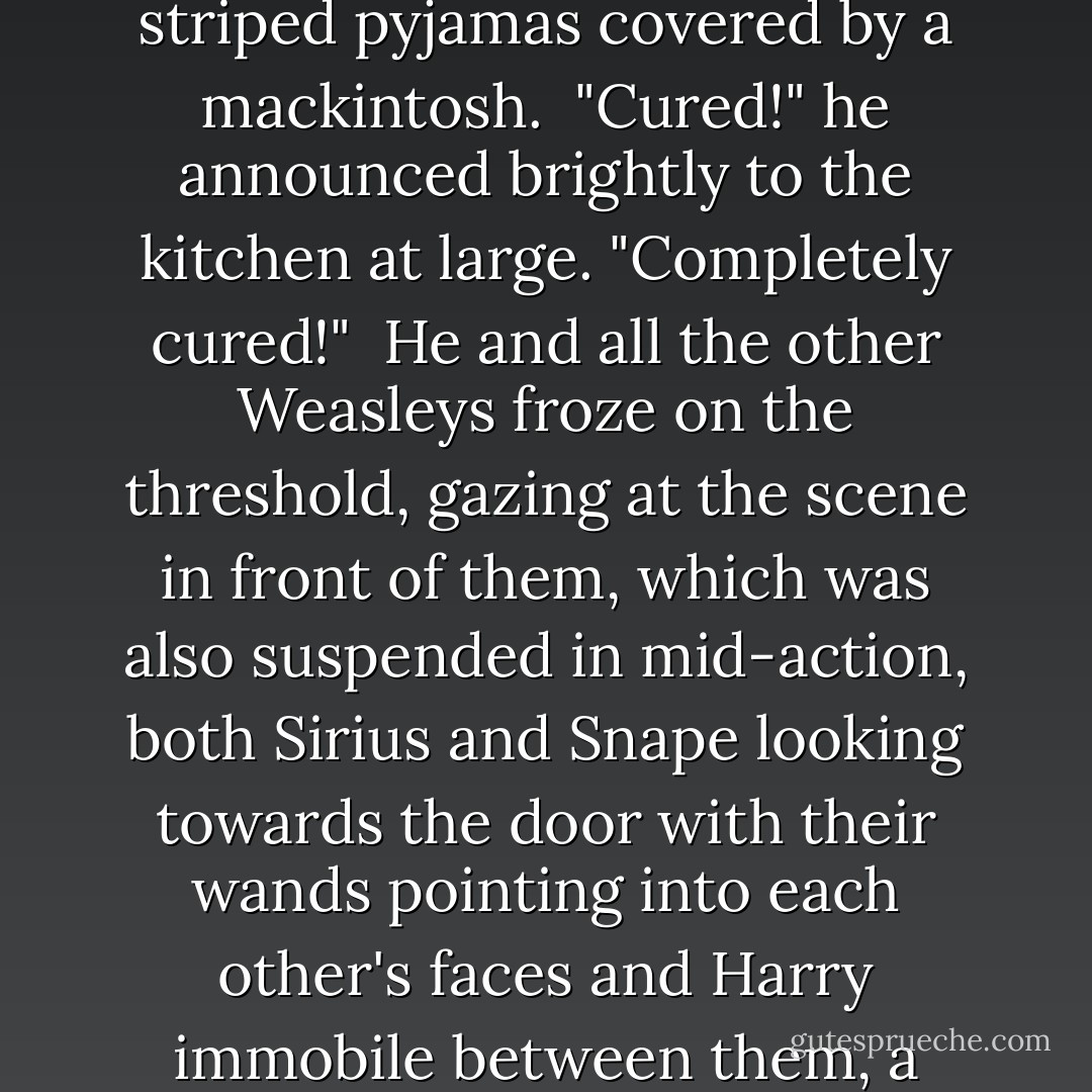 The kitchen door opened and the entire Weasley family, plus Hermione, came inside, all looking very happy, with Mr Weasley walking proudly in their midst dressed in a pair of striped pyjamas covered by a mackintosh.<br /><br />"Cured!" he announced brightly to the kitchen at large. "Completely cured!"<br /><br />He and all the other Weasleys froze on the threshold, gazing at the scene in front of them, which was also suspended in mid-action, both Sirius and Snape looking towards the door with their wands pointing into each other's faces and Harry immobile between them, a hand stretched out to each, trying to force them apart.<br /><br />"Merlin's beard," said Mr Weasley, the smile sliding off his face, "what's going on here? - J.K. Rowling