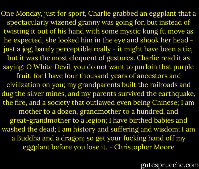 One Monday, just for sport, Charlie grabbed an eggplant that a spectacularly wizened granny was going for, but instead of twisting it out of his hand with some mystic kung fu move as he expected, she looked him in the eye and shook her head - just a jog, barely perceptible really - it might have been a tic, but it was the most eloquent of gestures. Charlie read it as saying: O White Devil, you do not want to purloin that purple fruit, for I have four thousand years of ancestors and civilization on you; my grandparents built the railroads and dug the silver mines, and my parents survived the earthquake, the fire, and a society that outlawed even being Chinese; I am mother to a dozen, grandmother to a hundred, and great-grandmother to a legion; I have birthed babies and washed the dead; I am history and suffering and wisdom; I am a Buddha and a dragon; so get your fucking hand off my eggplant before you lose it. - Christopher Moore