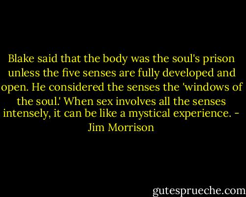 Blake said that the body was the soul's prison unless the five senses are fully developed and open. He considered the senses the 'windows of the soul.' When sex involves all the senses intensely, it can be like a mystical experience. - Jim Morrison