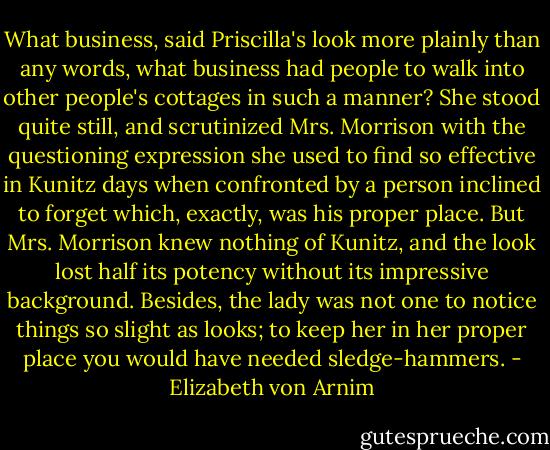 What business, said Priscilla's look more plainly than any words, what business had people to walk into other people's cottages in such a manner? She stood quite still, and scrutinized Mrs. Morrison with the questioning expression she used to find so effective in Kunitz days when confronted by a person inclined to forget which, exactly, was his proper place. But Mrs. Morrison knew nothing of Kunitz, and the look lost half its potency without its impressive background. Besides, the lady was not one to notice things so slight as looks; to keep her in her proper place you would have needed sledge-hammers. - Elizabeth von Arnim