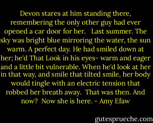 Devon stares at him standing there, remembering the only other guy had ever opened a car door for her. <br /> Last summer. The sky was bright blue mirroring the water, the sun warm. A perfect day. He had smiled down at her; he'd That Look in his eyes- warm and eager and a little bit vulnerable. When he'd look at her in that way, and smile that tilted smile, her body would tingle with an electric tension that robbed her breath away.<br /> That was then. And now?<br /> Now she is here. - Amy Efaw