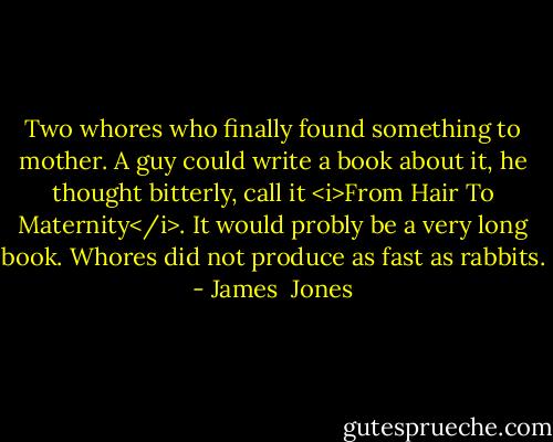 Two whores who finally found something to mother. A guy could write a book about it, he thought bitterly, call it <i>From Hair To Maternity</i>. It would probly be a very long book. Whores did not produce as fast as rabbits. - James  Jones