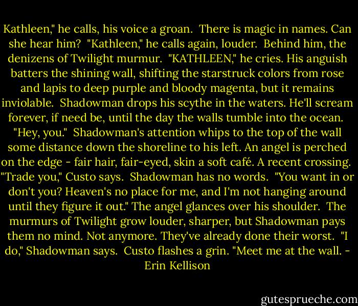 Kathleen," he calls, his voice a groan.<br /><br />There is magic in names. Can she hear him?<br /><br />"Kathleen," he calls again, louder.<br /><br />Behind him, the denizens of Twilight murmur.<br /><br />"KATHLEEN," he cries. His anguish batters the shining wall, shifting the starstruck colors from rose and lapis to deep purple and bloody magenta, but it remains inviolable.<br /><br />Shadowman drops his scythe in the waters. He'll scream forever, if need be, until the day the walls tumble into the ocean.<br /><br />"Hey, you."<br /><br />Shadowman's attention whips to the top of the wall some distance down the shoreline to his left. An angel is perched on the edge - fair hair, fair-eyed, skin a soft café. A recent crossing.<br /><br />"Trade you," Custo says.<br /><br />Shadowman has no words.<br /><br />"You want in or don't you? Heaven's no place for me, and I'm not hanging around until they figure it out." The angel glances over his shoulder.<br /><br />The murmurs of Twilight grow louder, sharper, but Shadowman pays them no mind. Not anymore. They've already done their worst.<br /><br />"I do," Shadowman says.<br /><br />Custo flashes a grin. "Meet me at the wall. - Erin Kellison
