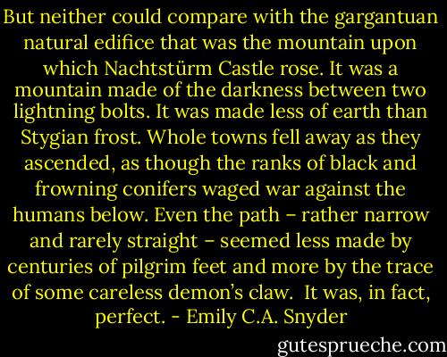 But neither could compare with the gargantuan natural edifice that was the mountain upon which Nachtstürm Castle rose. It was a mountain made of the darkness between two lightning bolts. It was made less of earth than Stygian frost. Whole towns fell away as they ascended, as though the ranks of black and frowning conifers waged war against the humans below. Even the path – rather narrow and rarely straight – seemed less made by centuries of pilgrim feet and more by the trace of some careless demon’s claw.<br /><br />It was, in fact, perfect. - Emily C.A. Snyder