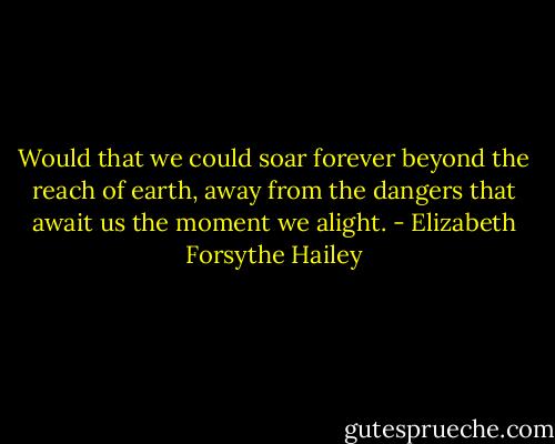 Would that we could soar forever beyond the reach of earth, away from the dangers that await us the moment we alight. - Elizabeth Forsythe Hailey