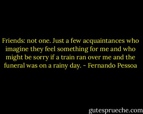 Friends: not one. Just a few acquaintances who imagine they feel something for me and who might be sorry if a train ran over me and the funeral was on a rainy day. - Fernando Pessoa