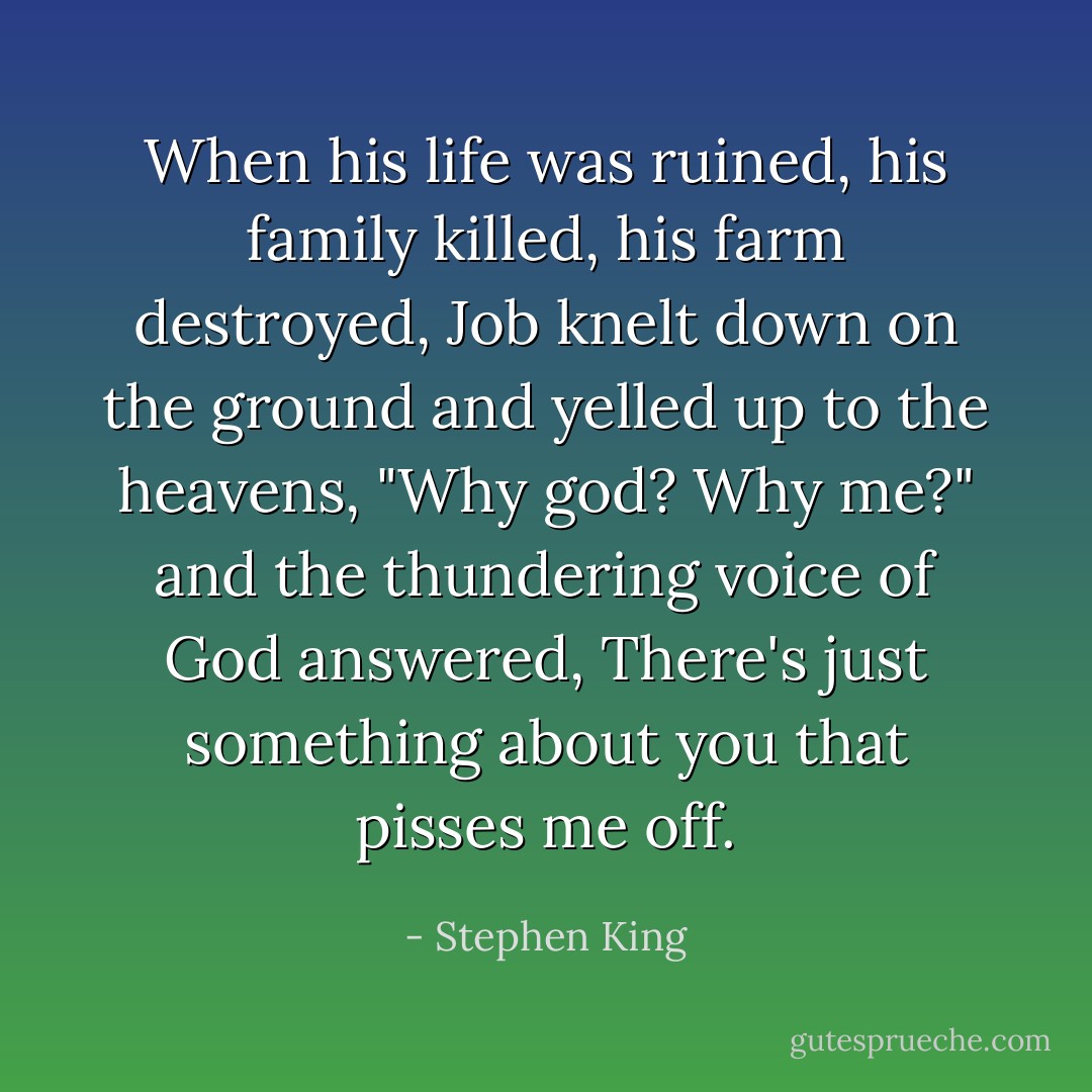 When his life was ruined, his family killed, his farm destroyed, Job knelt down on the ground and yelled up to the heavens, "Why god? Why me?" and the thundering voice of God answered, There's just something about you that pisses me off. - Stephen King