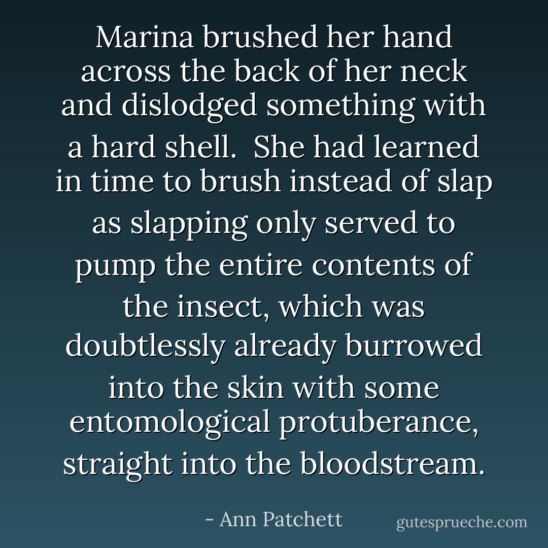 Marina brushed her hand across the back of her neck and dislodged something with a hard shell.<br /><br />She had learned in time to brush instead of slap as slapping only served to pump the entire contents of the insect, which was doubtlessly already burrowed into the skin with some entomological protuberance, straight into the bloodstream. - Ann Patchett