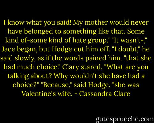 I know what you said! My mother would never have belonged to something like that. Some kind of-some kind of hate group."<br />"It wasn't-," Jace began, but Hodge cut him off.<br />"I doubt," he said slowly, as if the words pained him, "that she had much choice."<br />Clary stared. "What are you talking about? Why wouldn't she have had a choice?"<br />"Because," said Hodge, "she was Valentine's wife. - Cassandra Clare