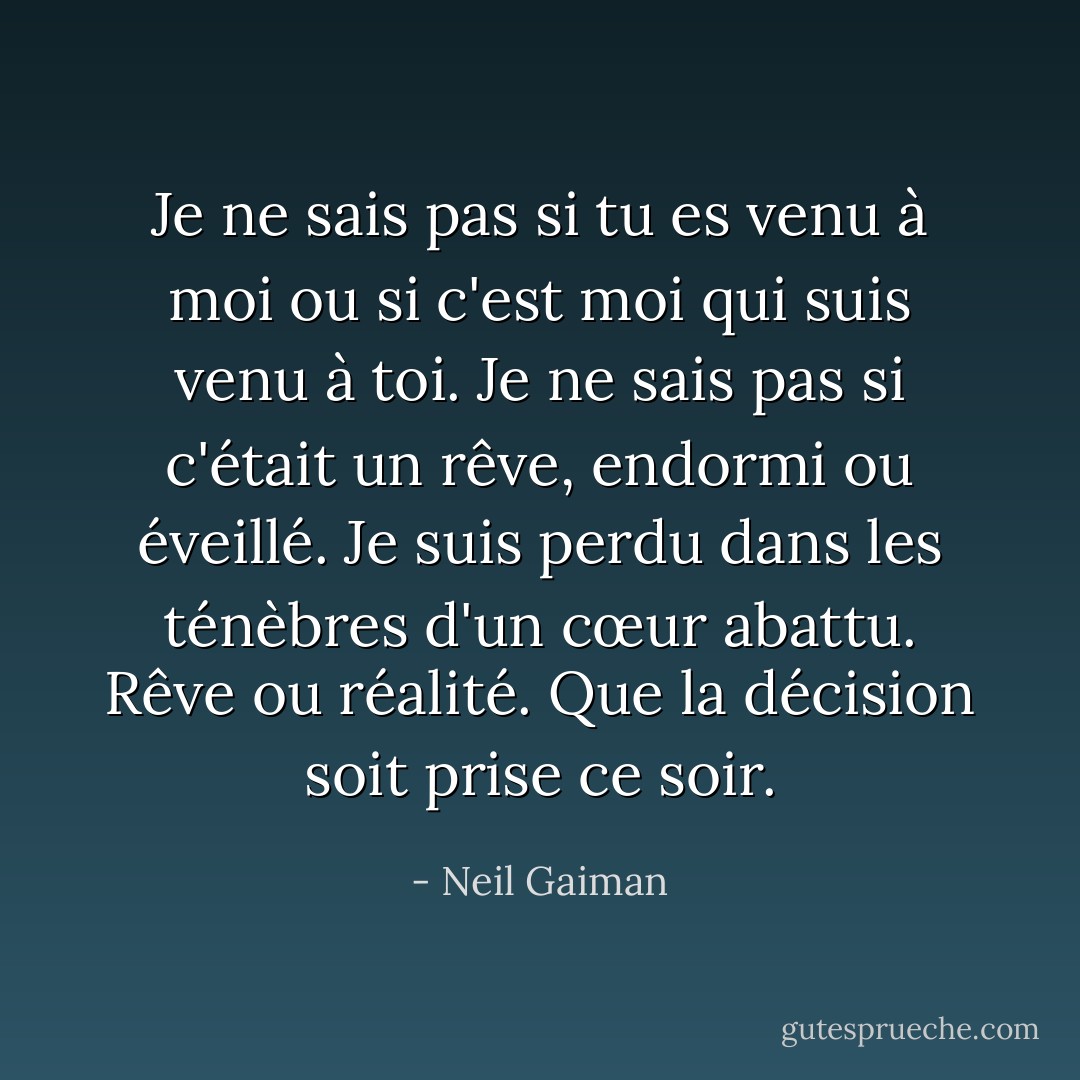 Je ne sais pas si tu es venu à moi ou si c'est moi qui suis venu à toi. Je ne sais pas si c'était un rêve, endormi ou éveillé. Je suis perdu dans les ténèbres d'un cœur abattu. Rêve ou réalité. Que la décision soit prise ce soir. - Neil Gaiman