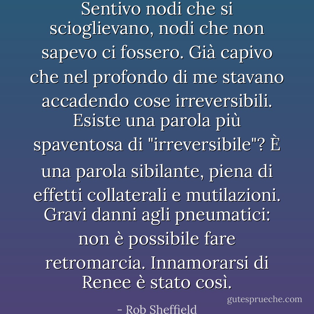 Sentivo nodi che si scioglievano, nodi che non sapevo ci fossero. Già capivo che nel profondo di me stavano accadendo cose irreversibili. Esiste una parola più spaventosa di "irreversibile"? È una parola sibilante, piena di effetti collaterali e mutilazioni. Gravi danni agli pneumatici: non è possibile fare retromarcia. Innamorarsi di Renee è stato così. - Rob Sheffield