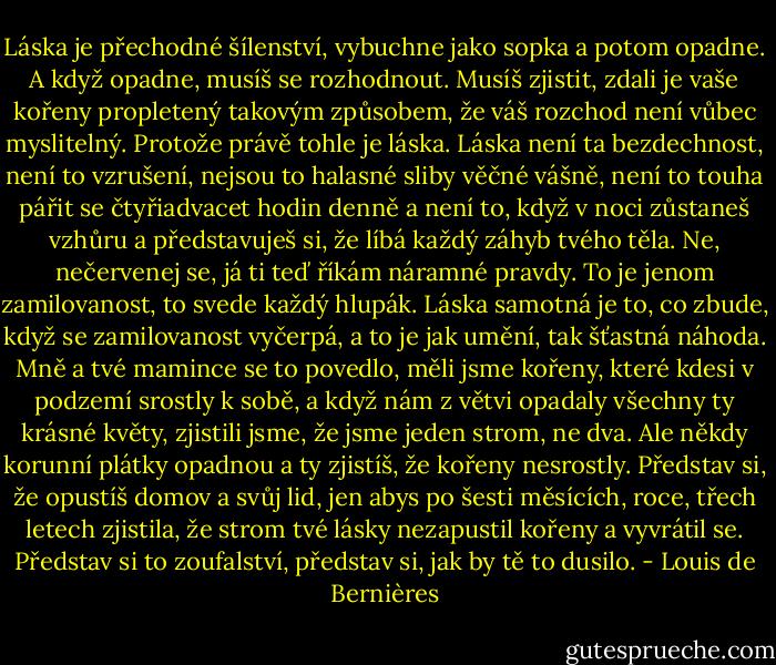 Láska je přechodné šílenství, vybuchne jako sopka a potom opadne. A když opadne, musíš se rozhodnout. Musíš zjistit, zdali je vaše kořeny propletený takovým způsobem, že váš rozchod není vůbec myslitelný. Protože právě tohle je láska. Láska není ta bezdechnost, není to vzrušení, nejsou to halasné sliby věčné vášně, není to touha pářit se čtyřiadvacet hodin denně a není to, když v noci zůstaneš vzhůru a představuješ si, že líbá každý záhyb tvého těla. Ne, nečervenej se, já ti teď říkám náramné pravdy. To je jenom zamilovanost, to svede každý hlupák. Láska samotná je to, co zbude, když se zamilovanost vyčerpá, a to je jak umění, tak šťastná náhoda. Mně a tvé mamince se to povedlo, měli jsme kořeny, které kdesi v podzemí srostly k sobě, a když nám z větvi opadaly všechny ty krásné květy, zjistili jsme, že jsme jeden strom, ne dva. Ale někdy korunní plátky opadnou a ty zjistíš, že kořeny nesrostly. Představ si, že opustíš domov a svůj lid, jen abys po šesti měsících, roce, třech letech zjistila, že strom tvé lásky nezapustil kořeny a vyvrátil se. Představ si to zoufalství, představ si, jak by tě to dusilo. - Louis de Bernières