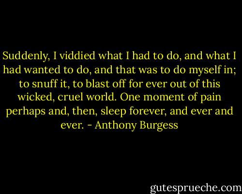 Suddenly, I viddied what I had to do, and what I had wanted to do, and that was to do myself in; to snuff it, to blast off for ever out of this wicked, cruel world. One moment of pain perhaps and, then, sleep forever, and ever and ever. - Anthony Burgess