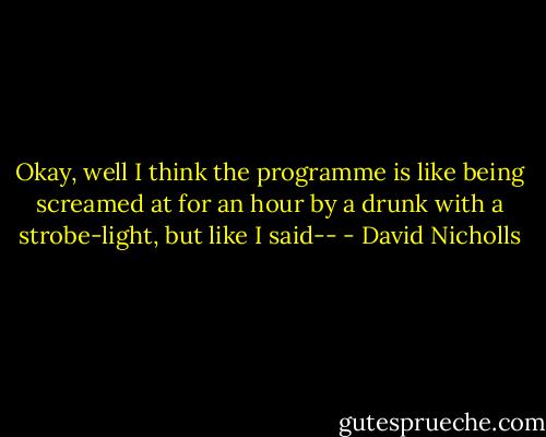 Okay, well I think the programme is like being screamed at for an hour by a drunk with a strobe-light, but like I said-- - David Nicholls