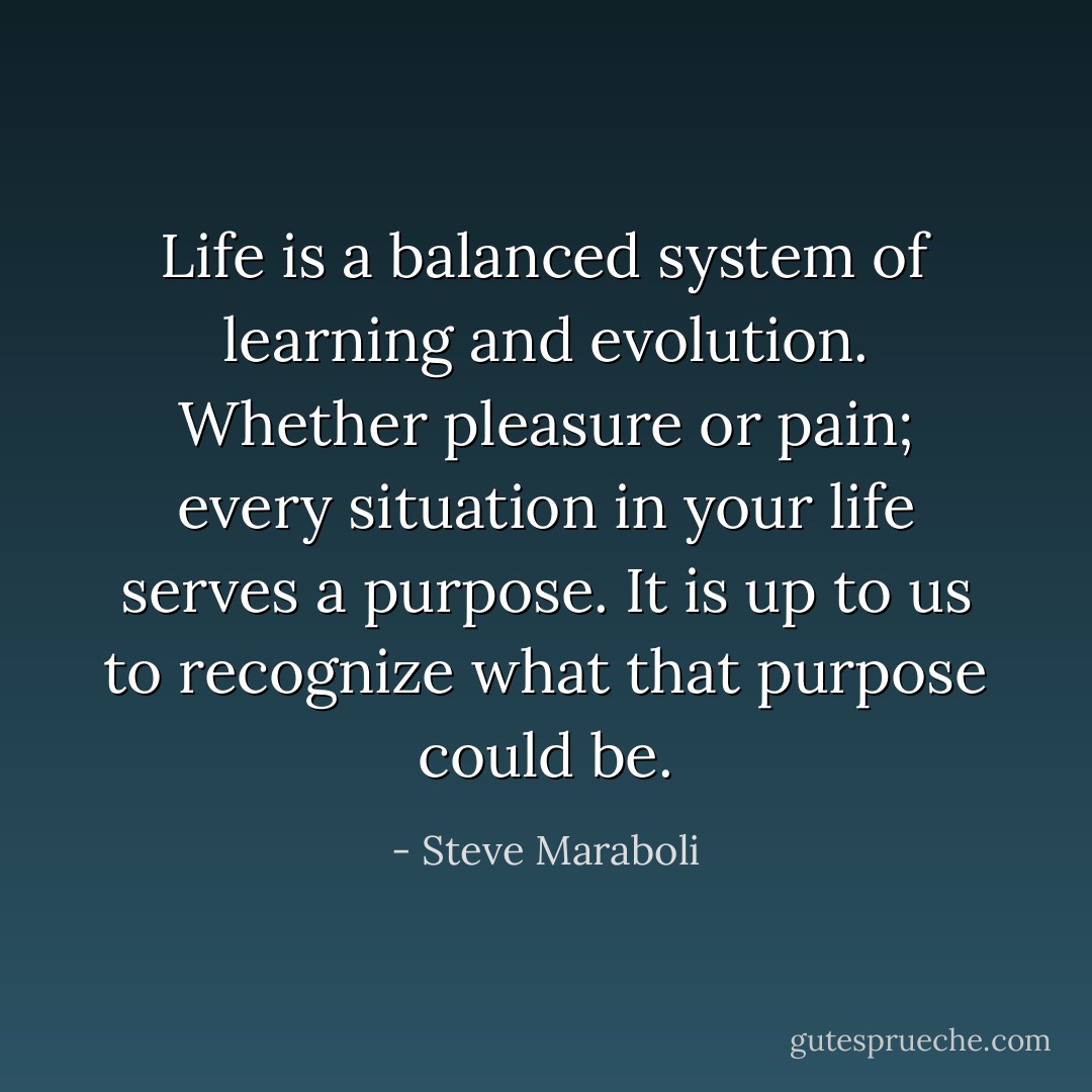 Life is a balanced system of learning and evolution. Whether pleasure or pain; every situation in your life serves a purpose. It is up to us to recognize what that purpose could be. - Steve Maraboli