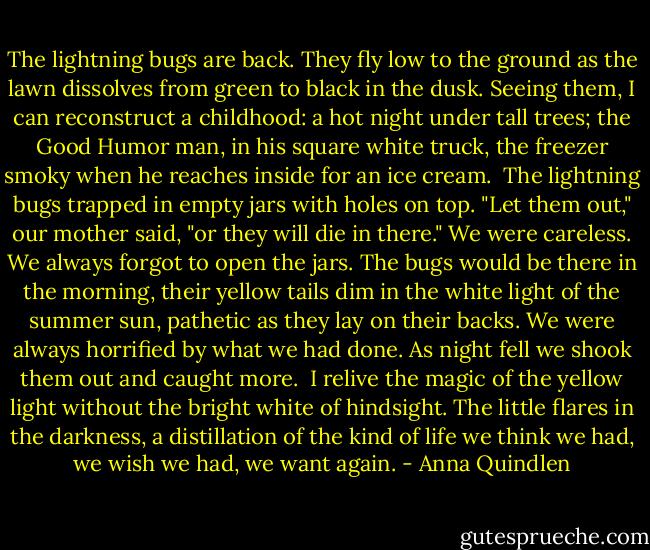 The lightning bugs are back. They fly low to the ground as the lawn dissolves from green to black in the dusk. Seeing them, I can reconstruct a childhood: a hot night under tall trees; the Good Humor man, in his square white truck, the freezer smoky when he reaches inside for an ice cream.<br /><br />The lightning bugs trapped in empty jars with holes on top. "Let them out," our mother said, "or they will die in there." We were careless. We always<br />forgot to open the jars. The bugs would be there in the morning, their yellow tails dim in the white light of the summer sun, pathetic as they lay on<br />their backs. We were always horrified by what we had done. As night fell we shook them out and caught more.<br /><br />I relive the magic of the yellow light without the bright white of hindsight. The little flares in the darkness, a distillation of the kind of life we think we had, we wish we had, we want again. - Anna Quindlen