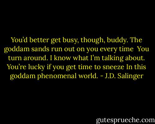 You’d better get busy, though, buddy. The goddam sands run out on you every time <br />You turn around. I know what I’m talking about. You’re lucky if you get time to sneeze<br />In this goddam phenomenal world. - J.D. Salinger