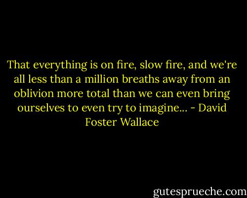 That everything is on fire, slow fire, and we're all less than a million breaths away from an oblivion more total than we can even bring ourselves to even try to imagine... - David Foster Wallace