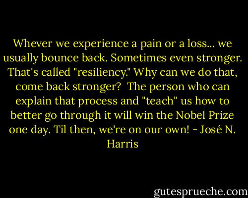 Whever we experience a pain or a loss... we usually bounce back. Sometimes even stronger. That's called "resiliency." Why can we do that, come back stronger? <br />The person who can explain that process and "teach" us how to better go through it will win the Nobel Prize one day. Til then, we're on our own! - José N. Harris