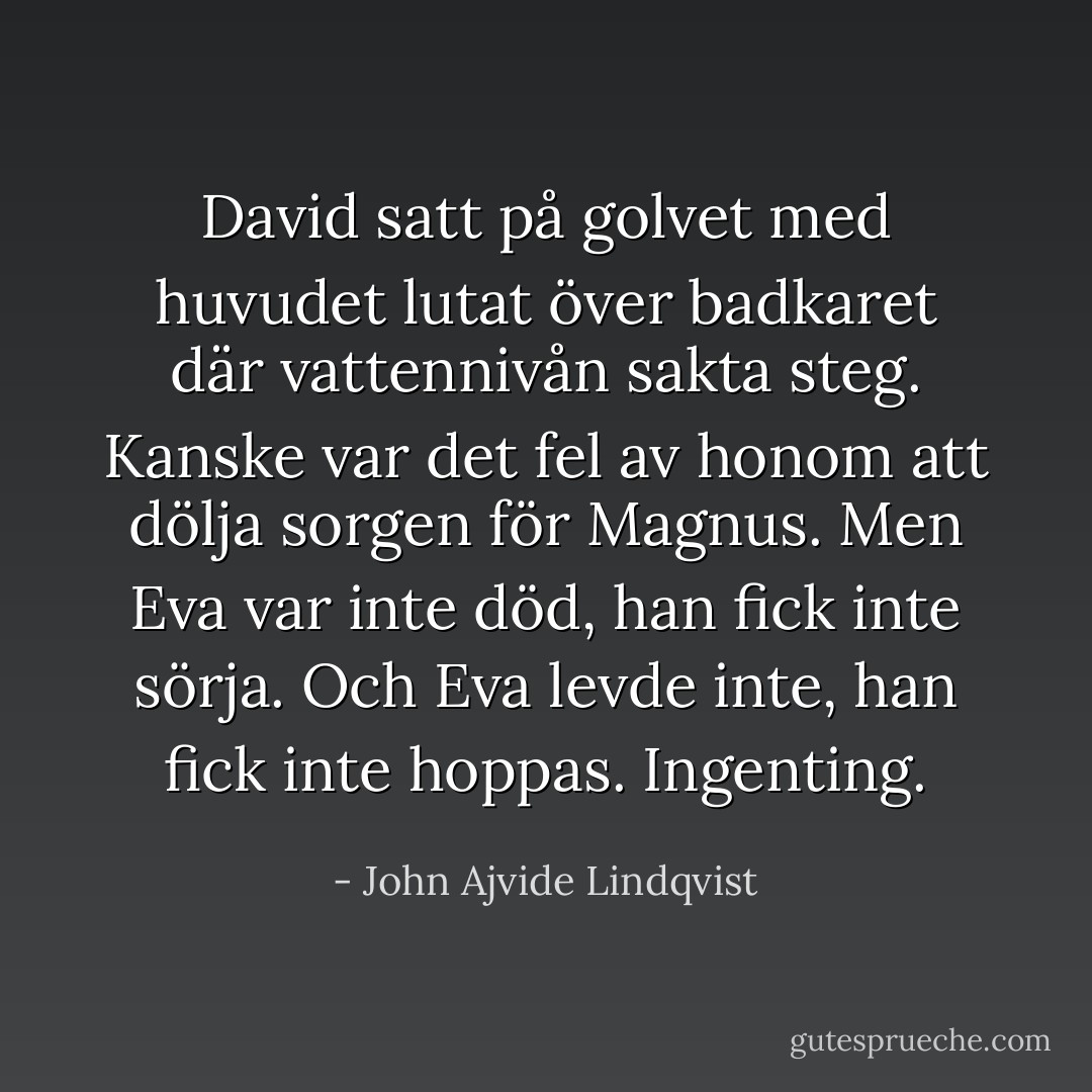 David satt på golvet med huvudet lutat över badkaret där vattennivån sakta steg. Kanske var det fel av honom att dölja sorgen för Magnus. Men Eva var inte död, han fick inte sörja. Och Eva levde inte, han fick inte hoppas. Ingenting. - John Ajvide Lindqvist