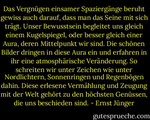 Das Vergnügen einsamer Spaziergänge beruht gewiss auch darauf, dass man das Seine mit sich trägt. Unser Bewusstsein begleitet uns gleich einem Kugelspiegel, oder besser gleich einer Aura, deren Mittelpunkt wir sind. Die schönen Bilder dringen in diese Aura ein und erfahren in ihr eine atmosphärische Veränderung. So schreiten wir unter Zeichen wie unter Nordlichtern, Sonnenringen und Regenbögen dahin. Diese erlesene Vermählung und Zeugung mit der Welt gehört zu den höchsten Genüssen, die uns beschieden sind. - Ernst Jünger